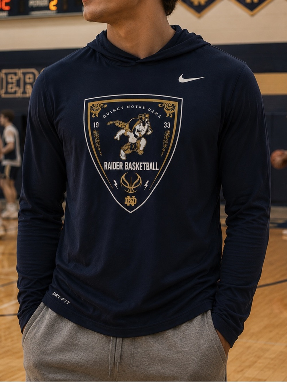 Nike Dri Fit Navy Quincy Notre Dame High School Raider Basketball Hooded TShirt